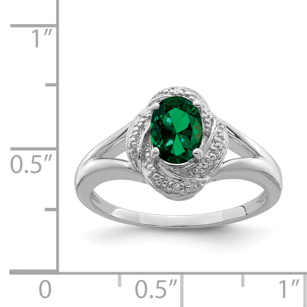 Sterling Silver Rhodium-plated Diamond & Created Emerald Ring