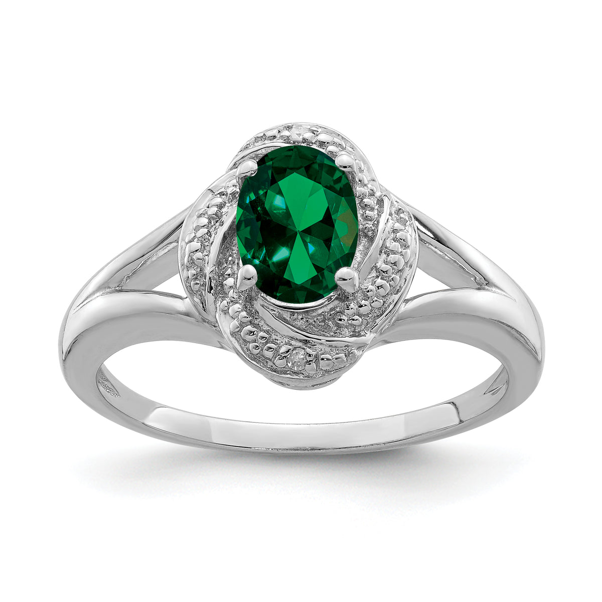 Sterling Silver Rhodium-plated Diamond & Created Emerald Ring