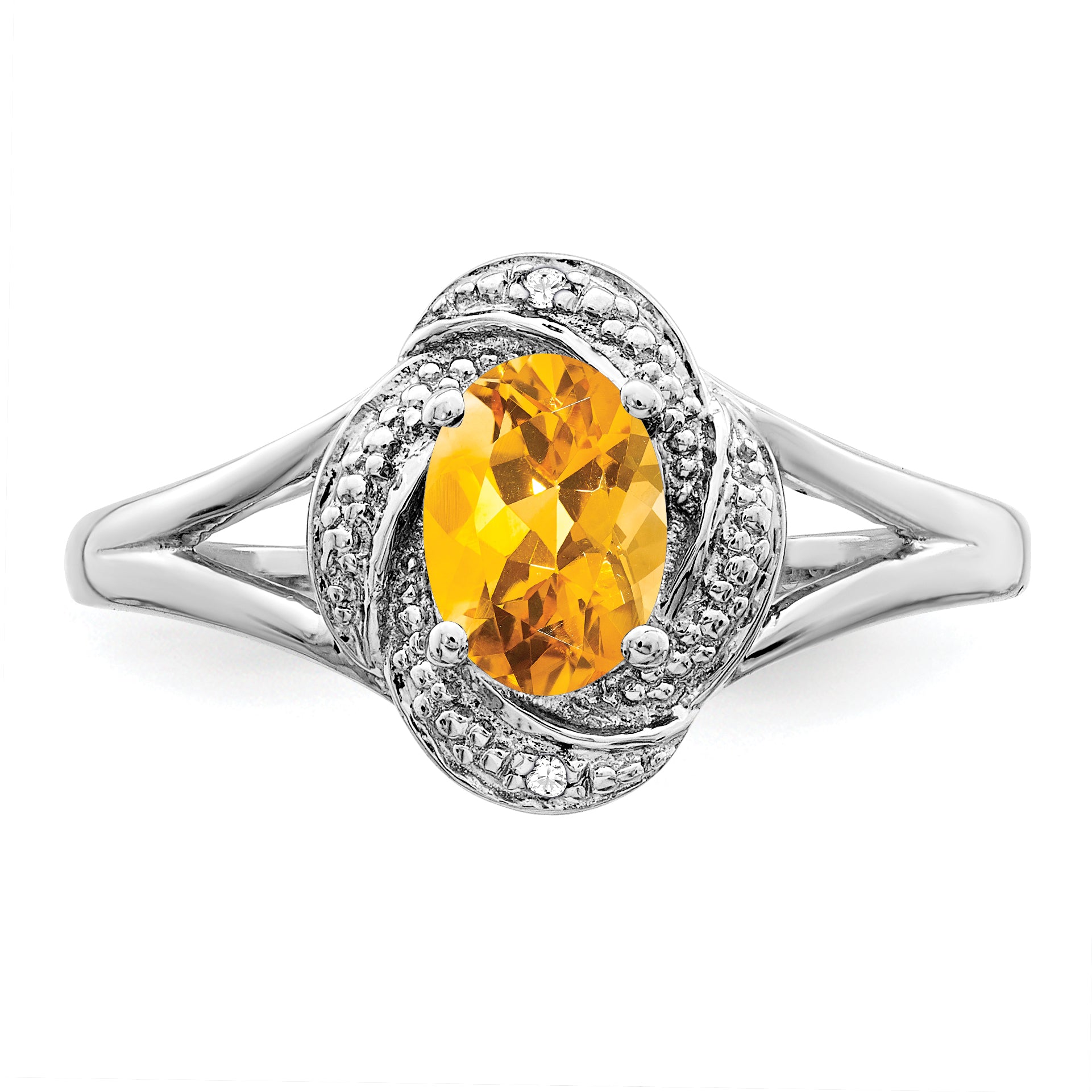 Sterling Silver Rhodium-plated Diamond & Citrine Ring