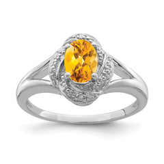 Sterling Silver Rhodium-plated Diamond & Citrine Ring