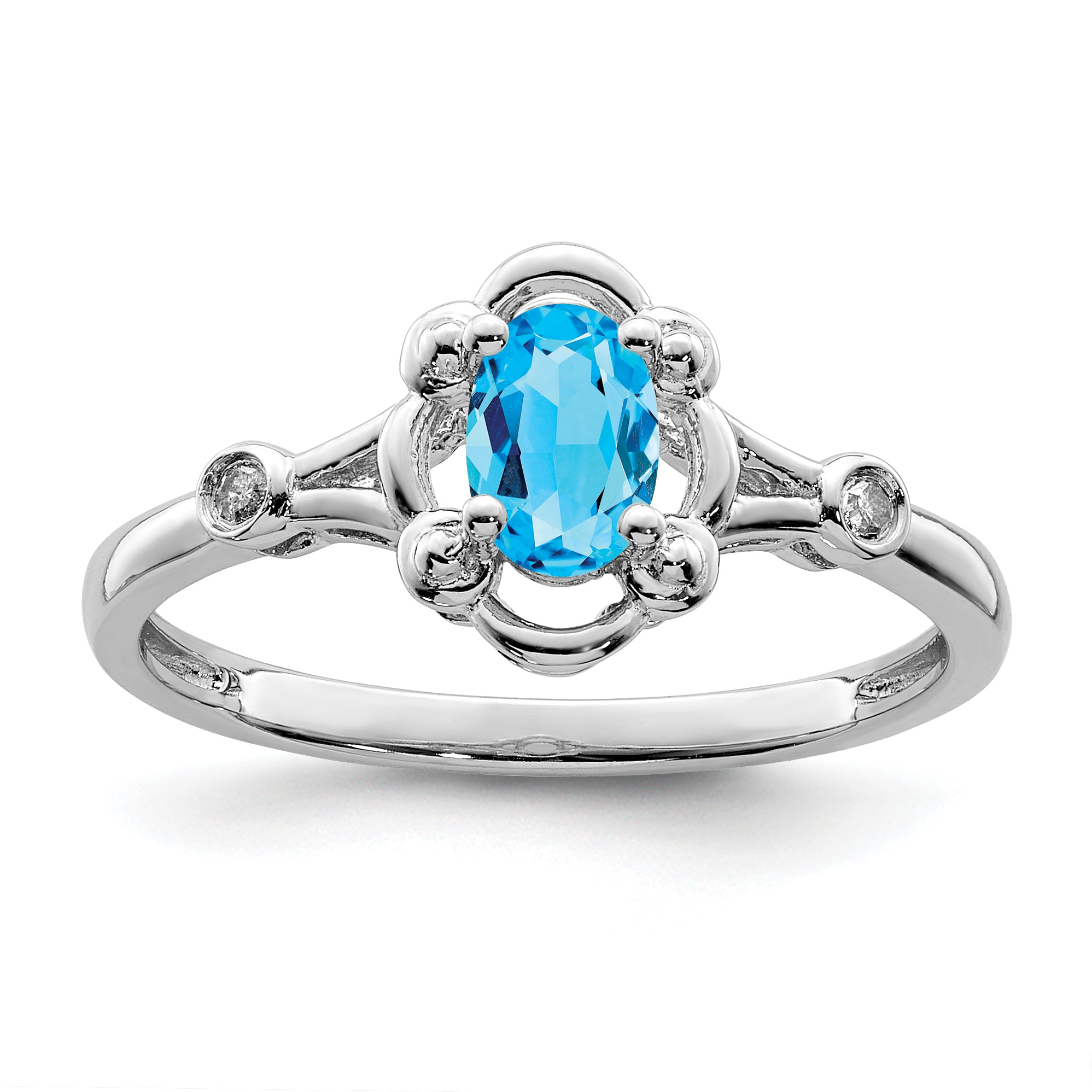 Sterling Silver Rhodium-plated Light Swiss Blue Topaz & Diamond Ring