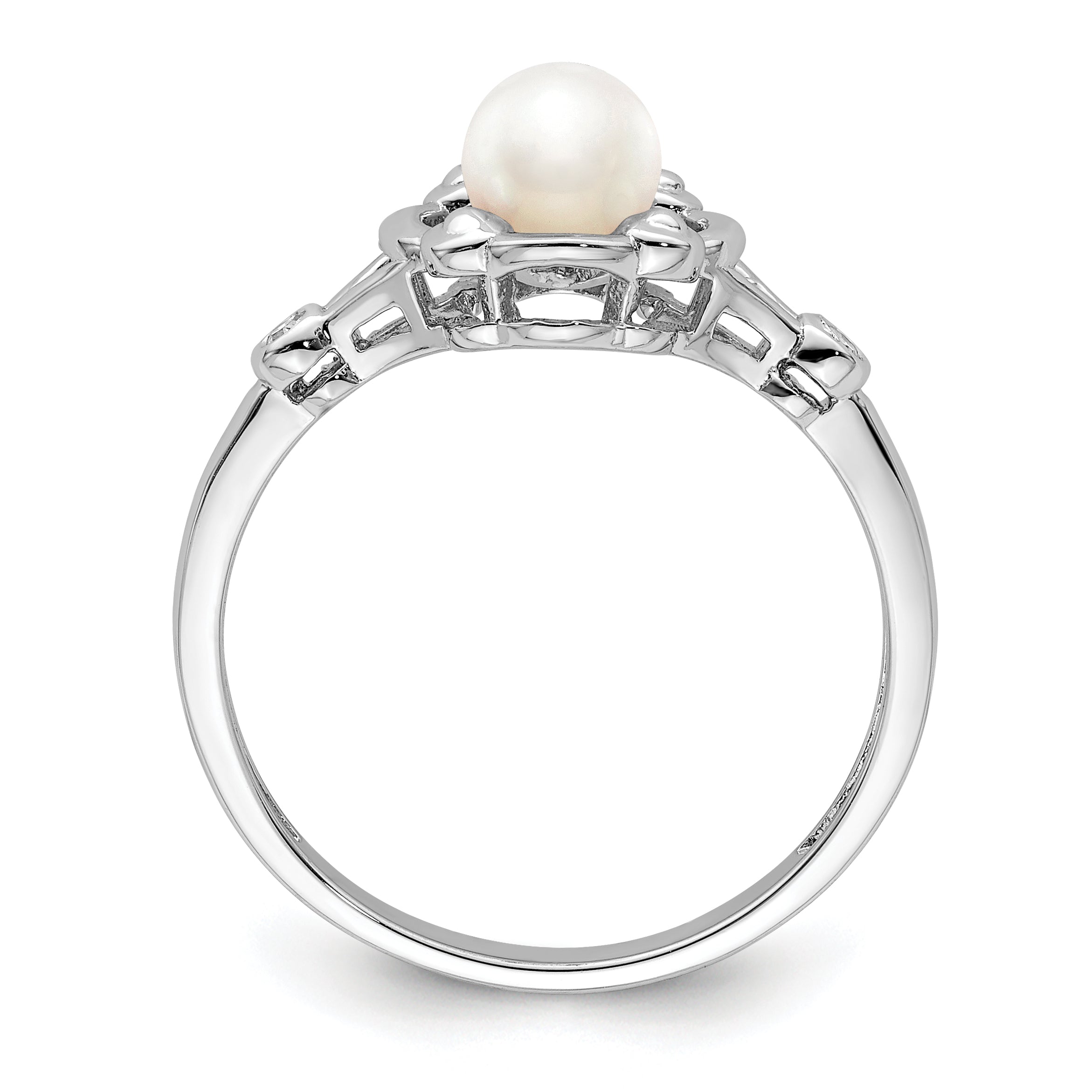 Sterling Silver Rhodium-plated Fresh Water Cultured Pearl & Diamond Ring