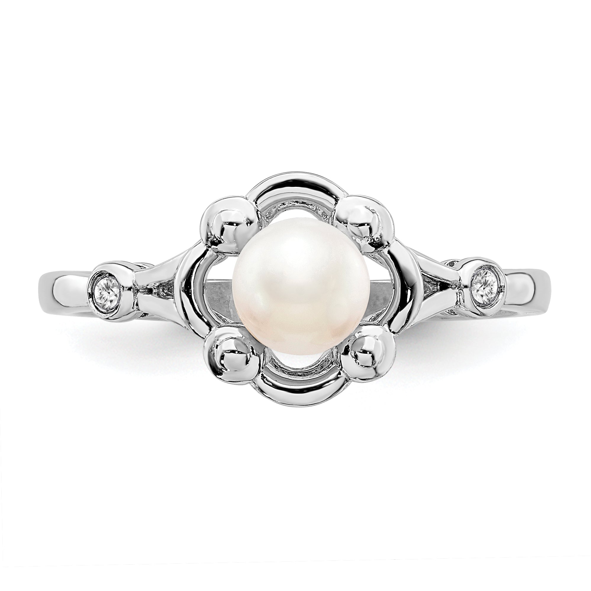 Sterling Silver Rhodium-plated Fresh Water Cultured Pearl & Diamond Ring