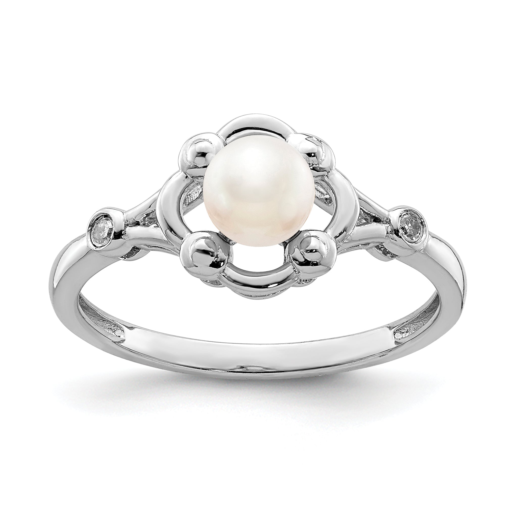 Sterling Silver Rhodium-plated Fresh Water Cultured Pearl & Diamond Ring