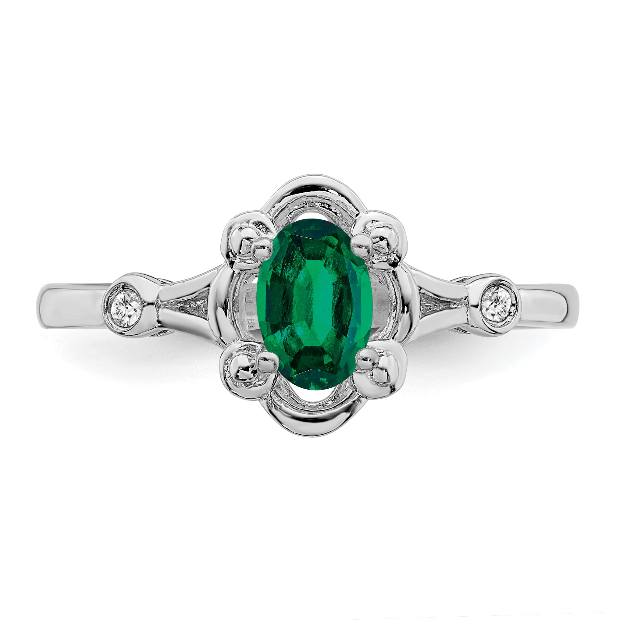 Sterling Silver Rhodium-plated Created Emerald & Diamond Ring