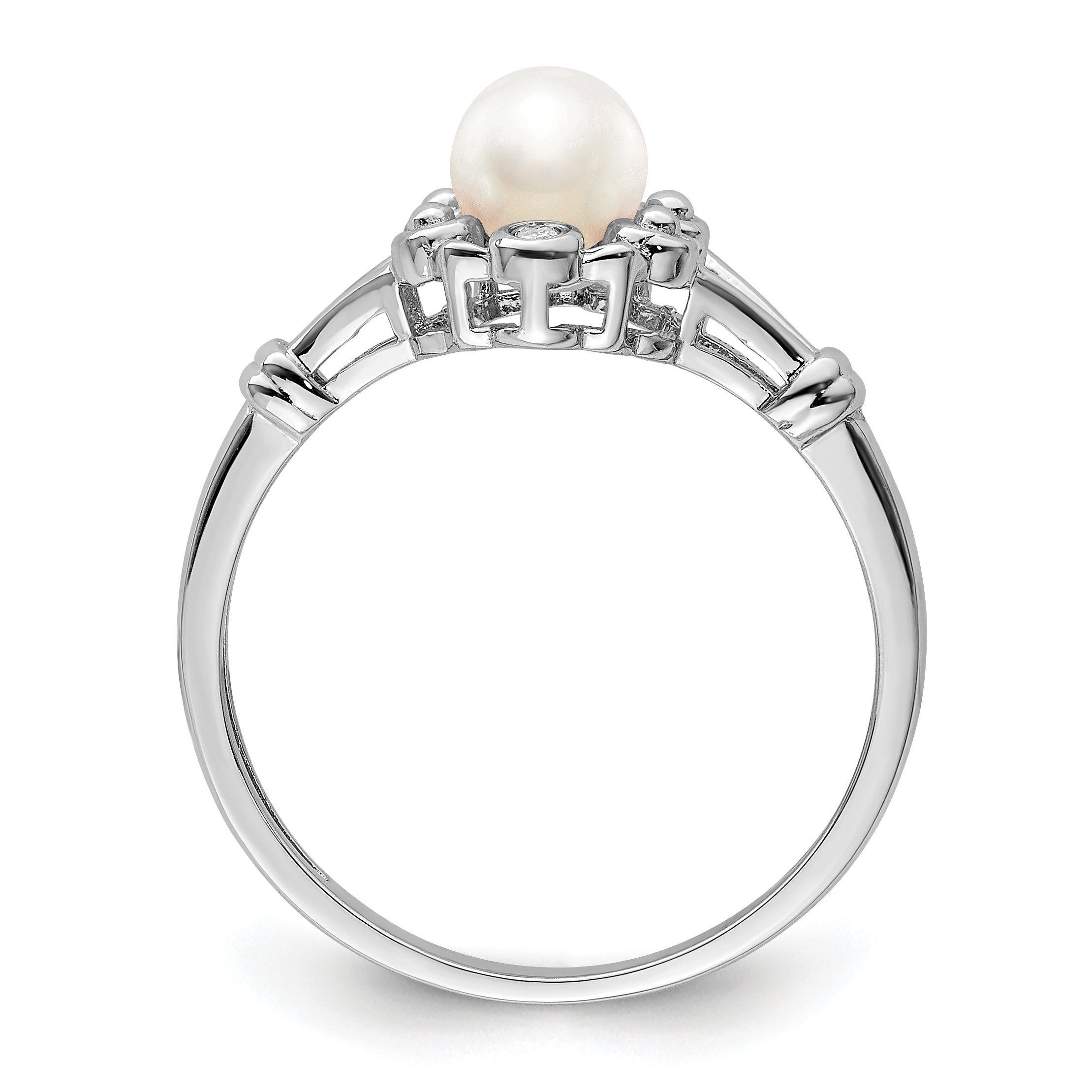 Sterling Silver Rhodium-plated Fresh Water Cultured Pearl & Diamond Ring