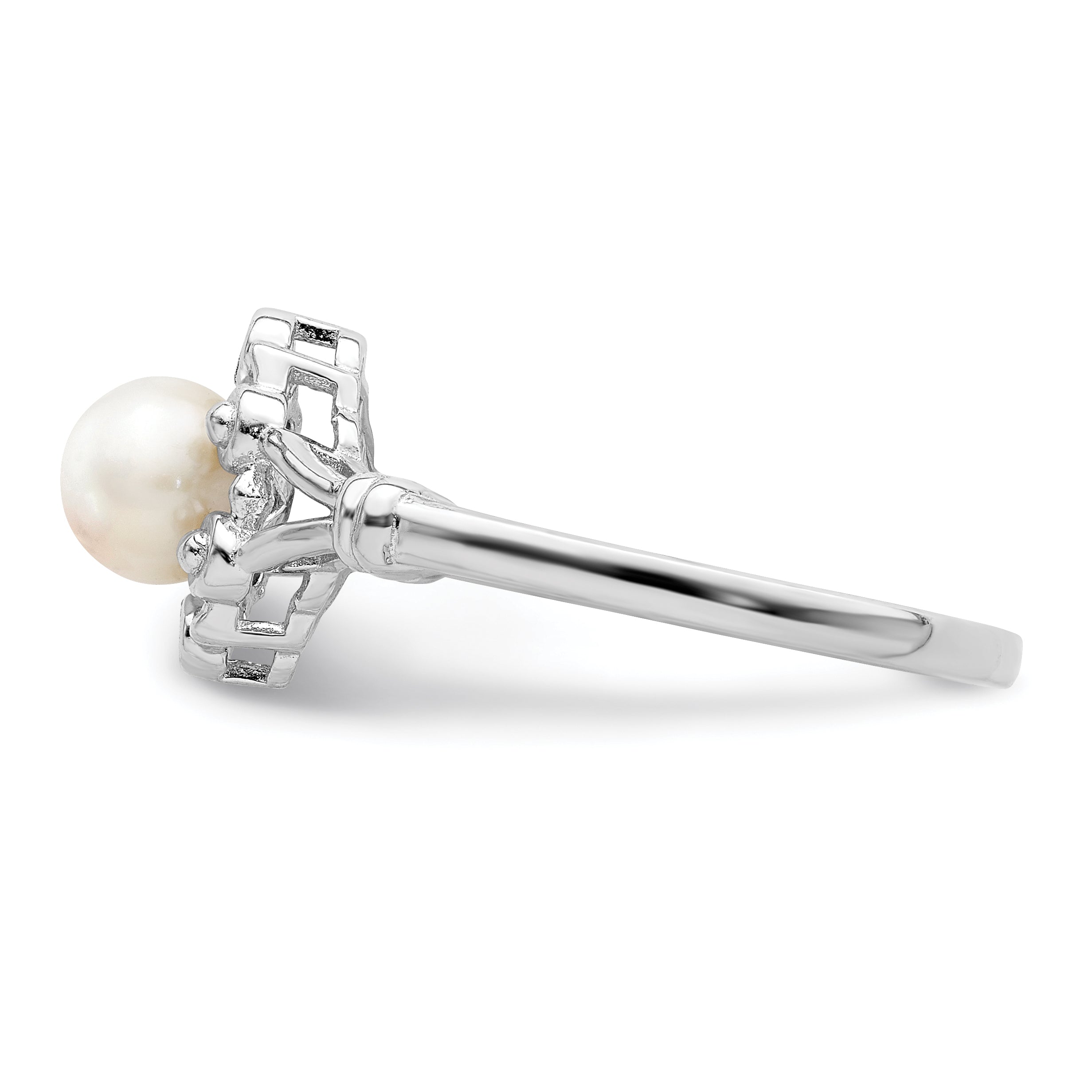 Sterling Silver Rhodium-plated Fresh Water Cultured Pearl & Diamond Ring