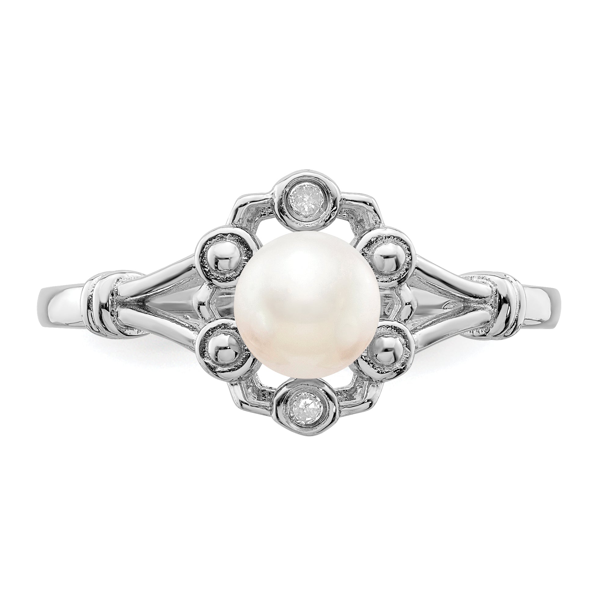 Sterling Silver Rhodium-plated Fresh Water Cultured Pearl & Diamond Ring