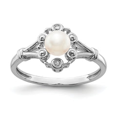 Sterling Silver Rhodium-plated Fresh Water Cultured Pearl & Diamond Ring