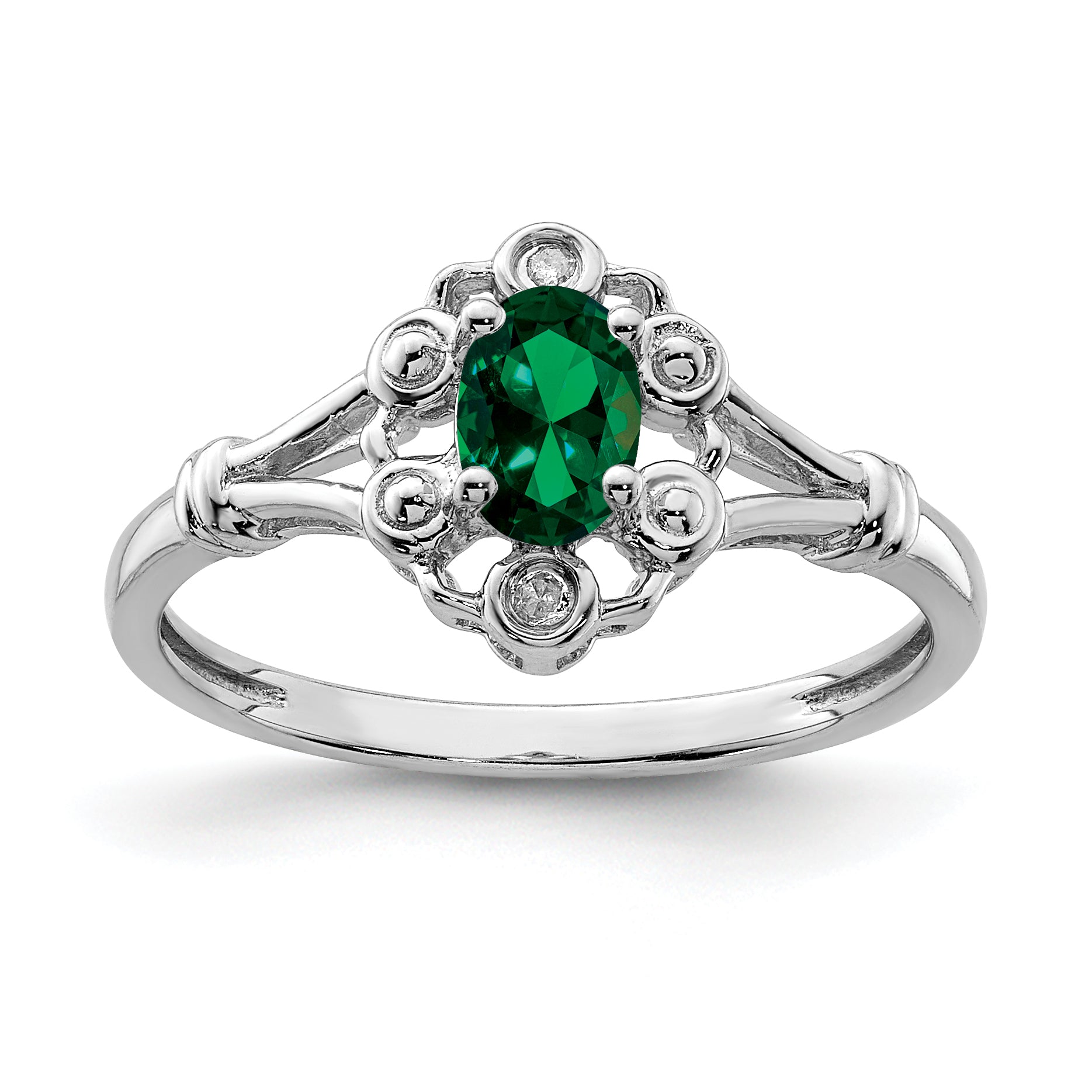 Sterling Silver Rhodium-plated Created Emerald & Diamond Ring