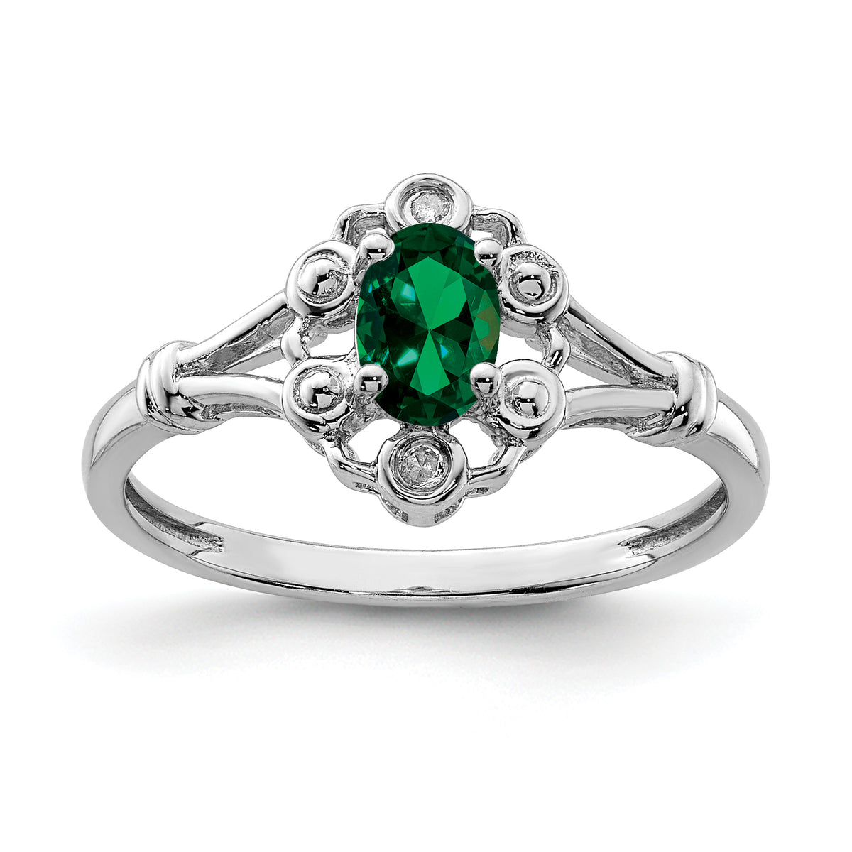 Sterling Silver Rhodium-plated Created Emerald & Diamond Ring