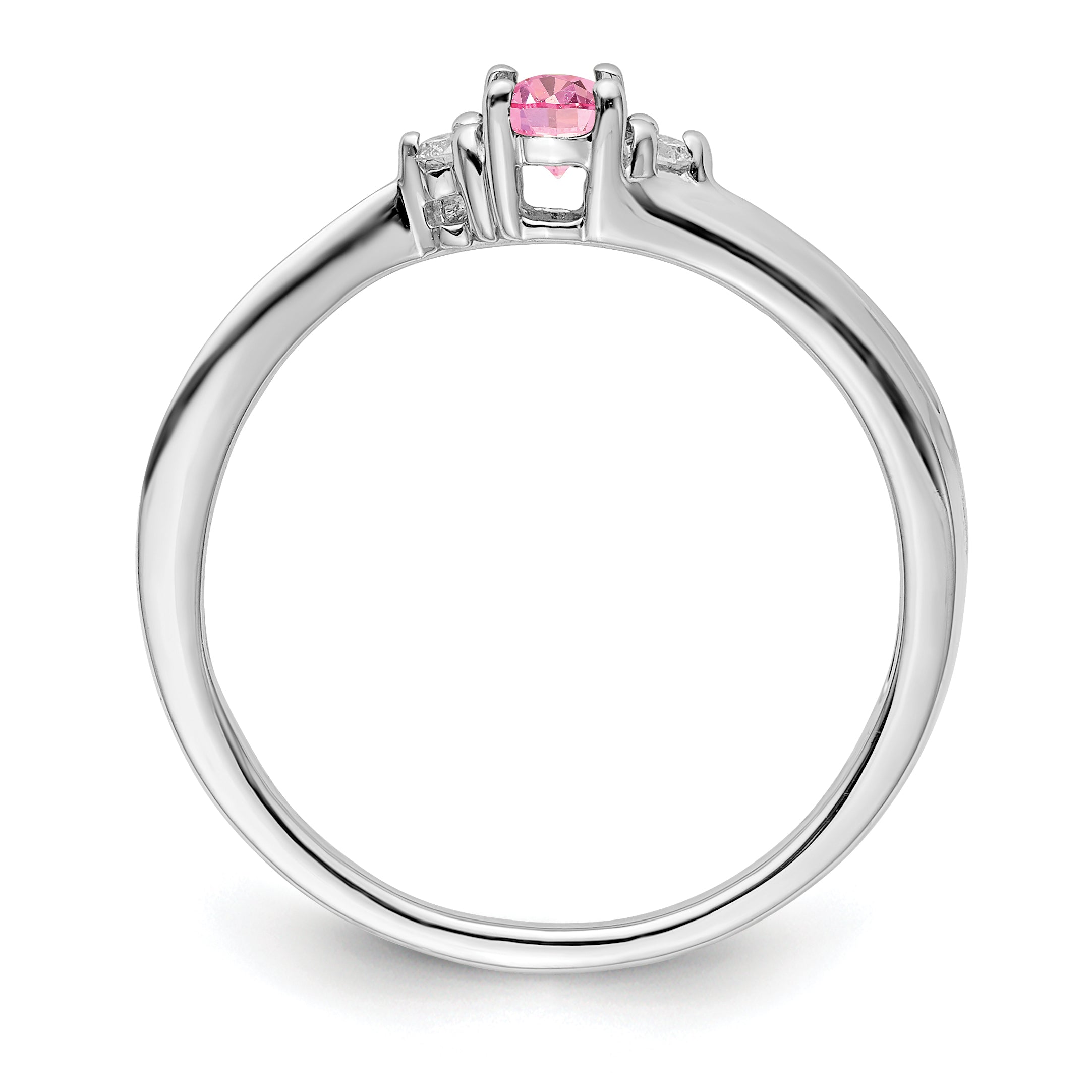 Sterling Silver Rhodium-plated Pink CZ & Diamond Birthstone Ring