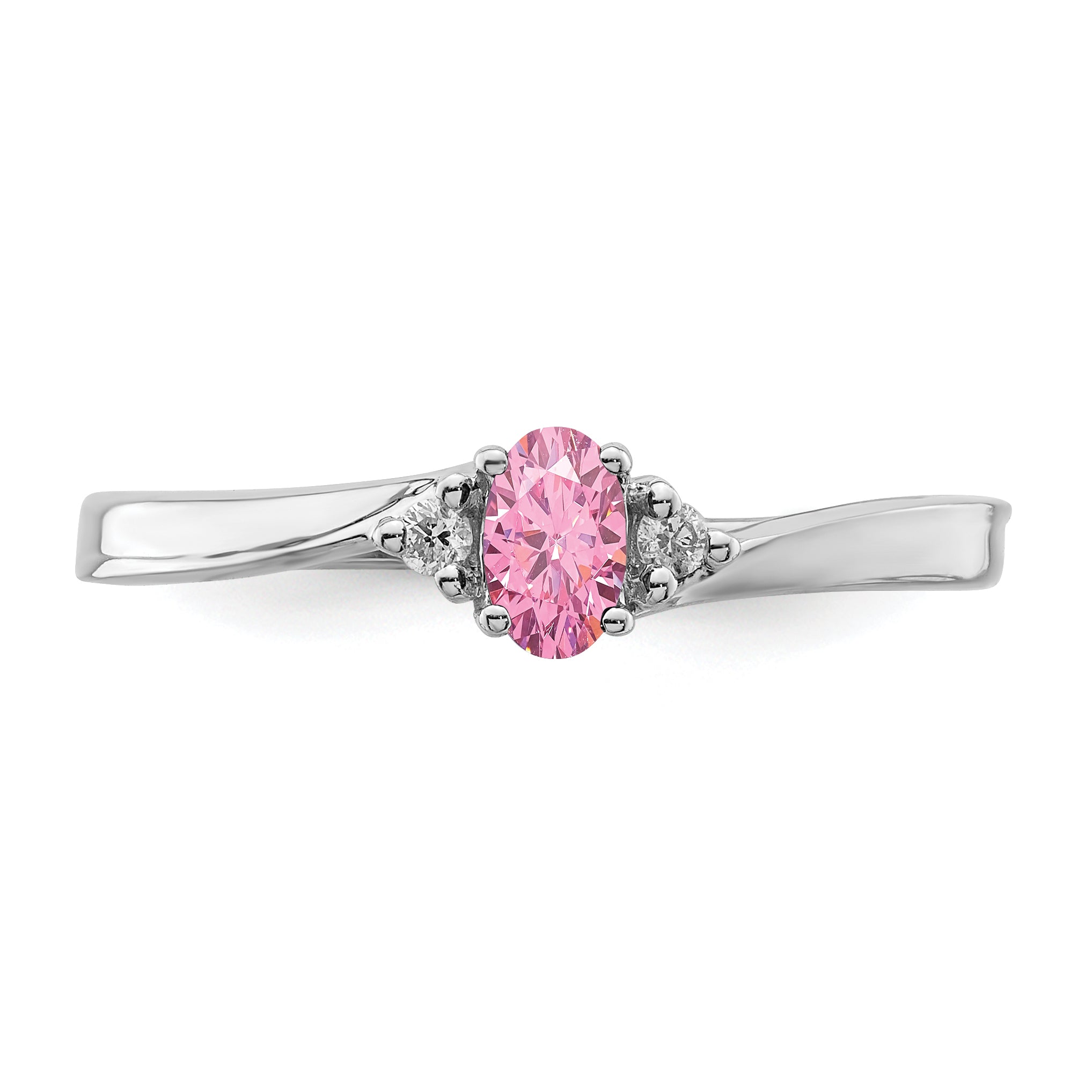 Sterling Silver Rhodium-plated Pink CZ & Diamond Birthstone Ring