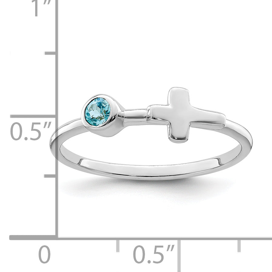 Sterling Silver Rhodium-plated Polished Cross LS Blue Topaz Ring