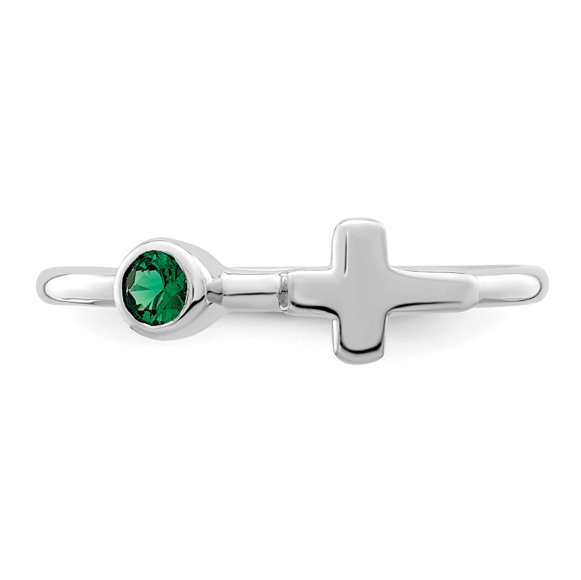 Sterling Silver Rhodium-plated Polished Cross Lab Created Emerald Ring