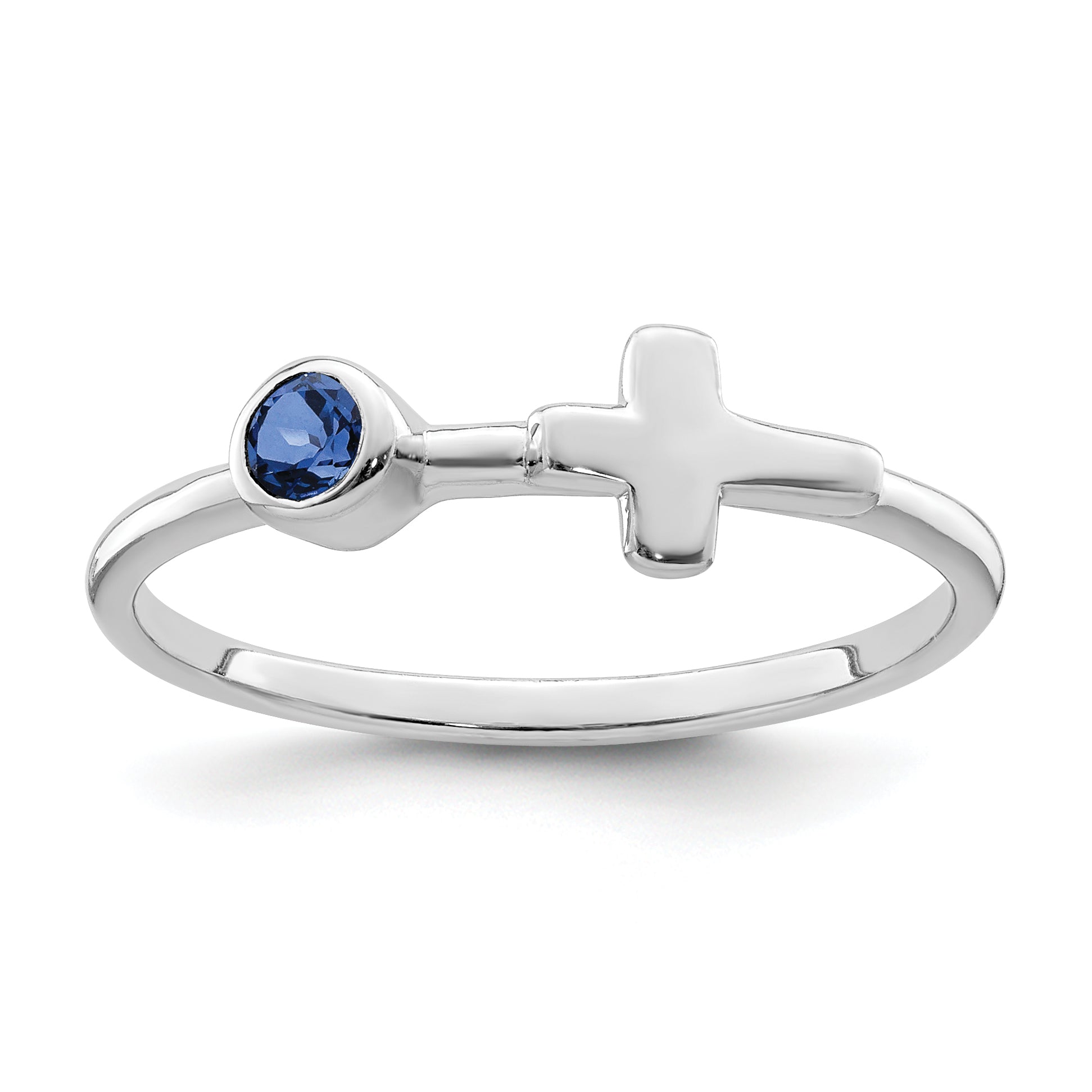 Sterling Silver Rhodium-plated Polished Cross Lab Created Sapphire Ring