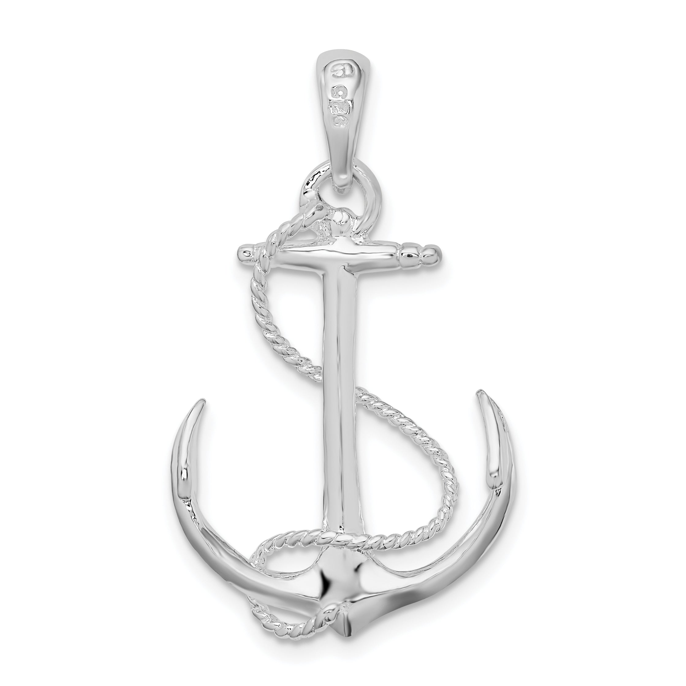 De-Ani Sterling Silver Rhodium-Plated Polished 3D Anchor with Rope Pendant