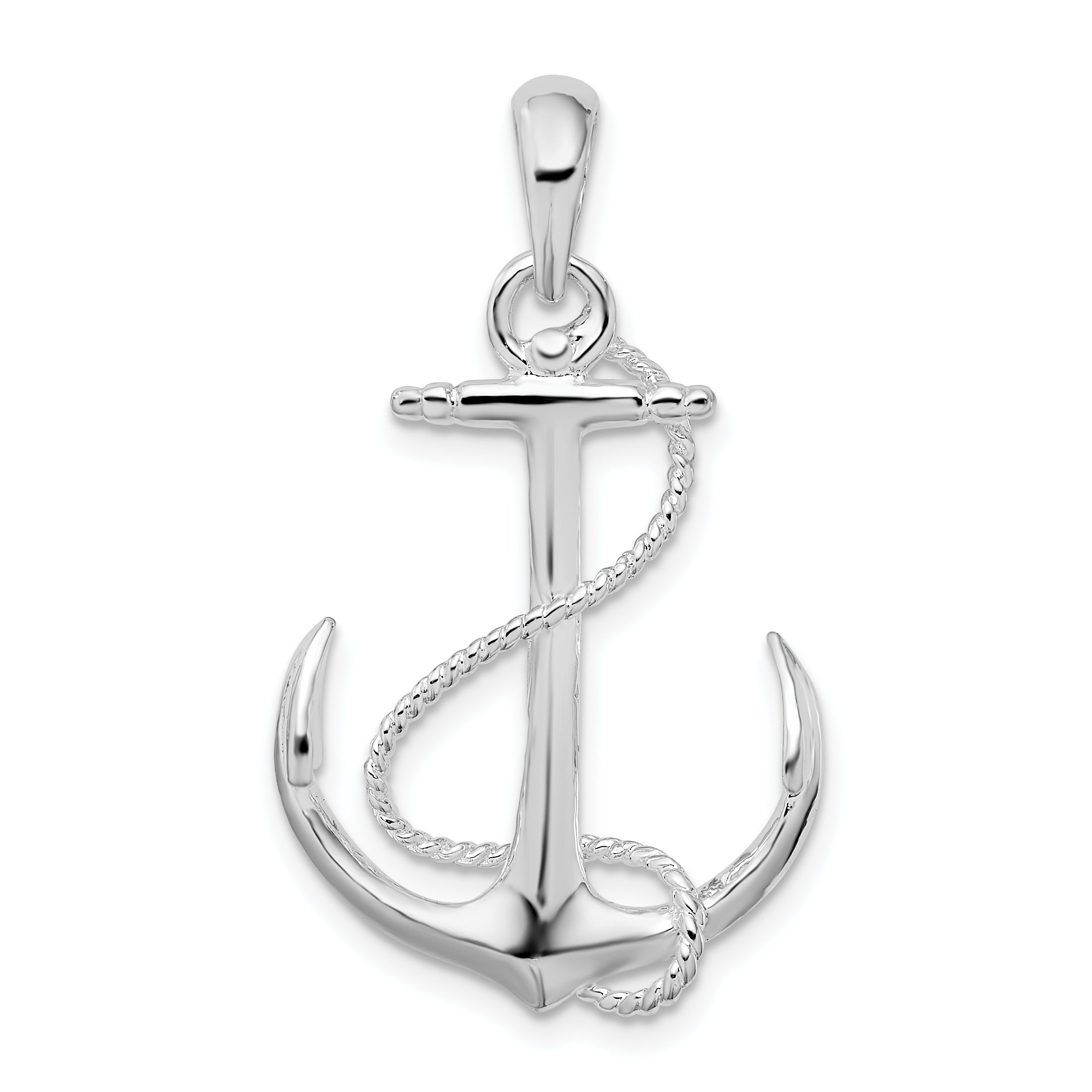 De-Ani Sterling Silver Rhodium-Plated Polished 3D Anchor with Rope Pendant