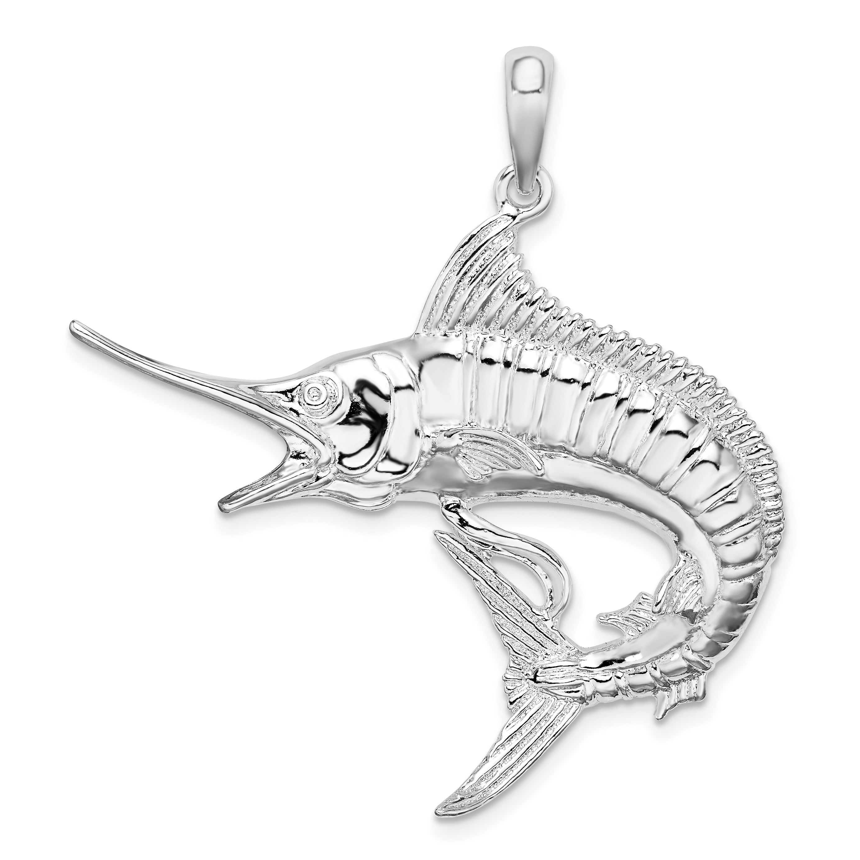 De-Ani Sterling Silver Rhodium-Plated Polished and Textured Marlin Fish Pendant