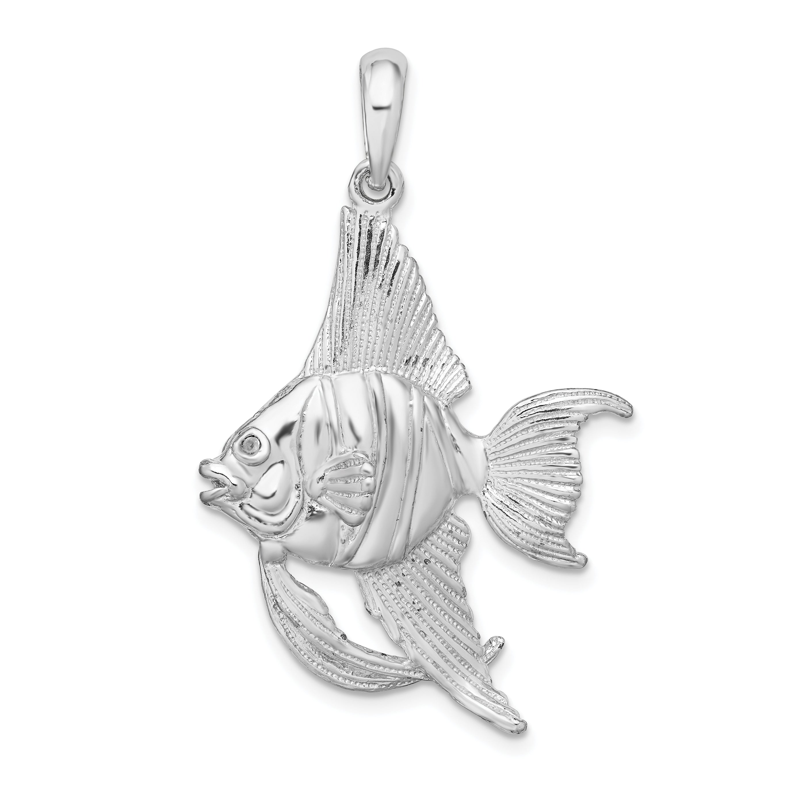 De-Ani Sterling Silver Rhodium-Plated Polished and Textured 3D Angel Fish Pendant