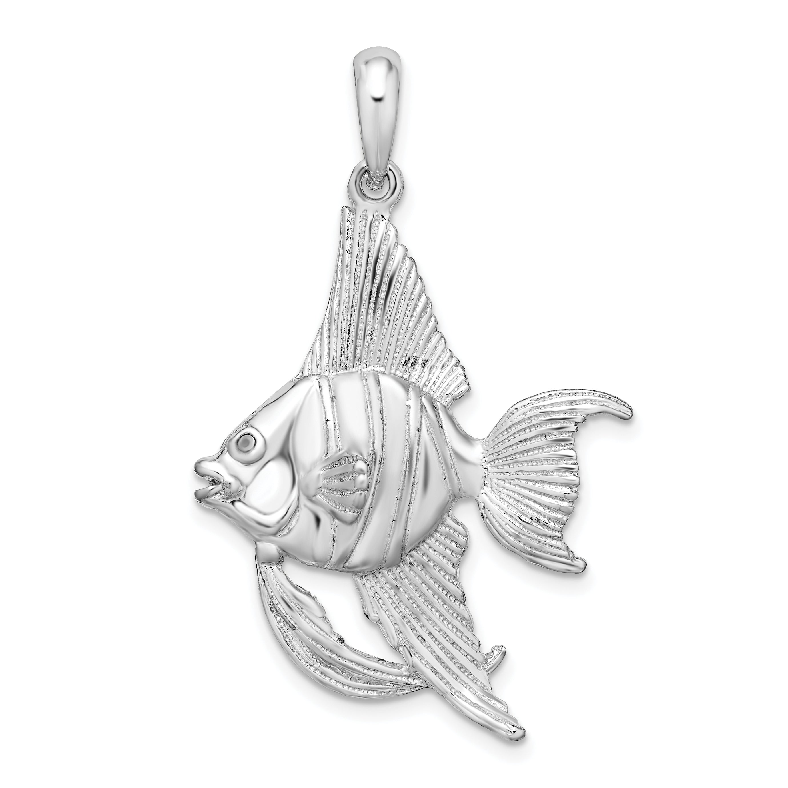 De-Ani Sterling Silver Rhodium-Plated Polished and Textured 3D Angel Fish Pendant