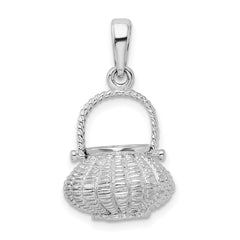 De-Ani Sterling Silver Rhodium-Plated 3D Flower Basket Moveable Handle Pendant