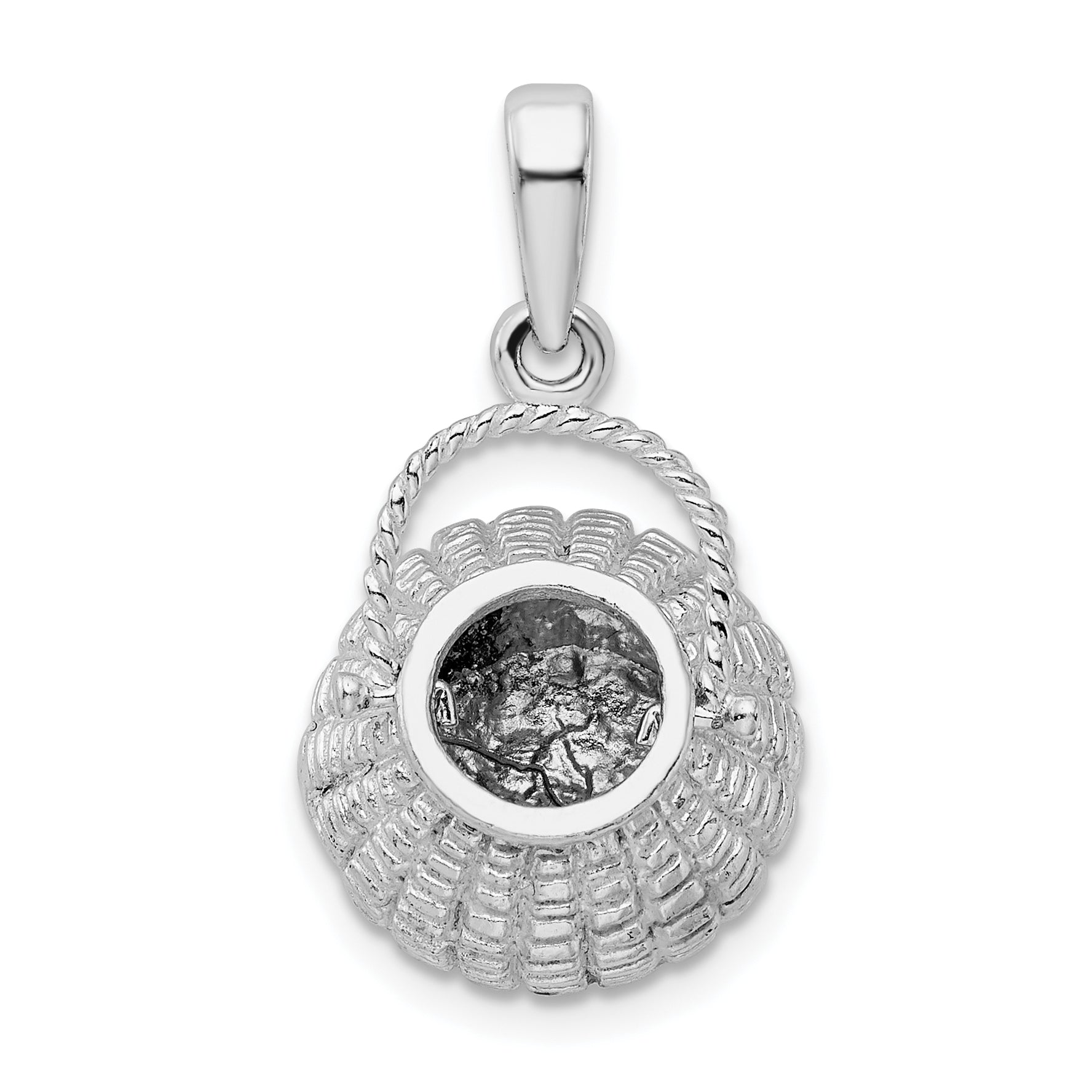 De-Ani Sterling Silver Rhodium-Plated 3D Flower Basket Moveable Handle Pendant