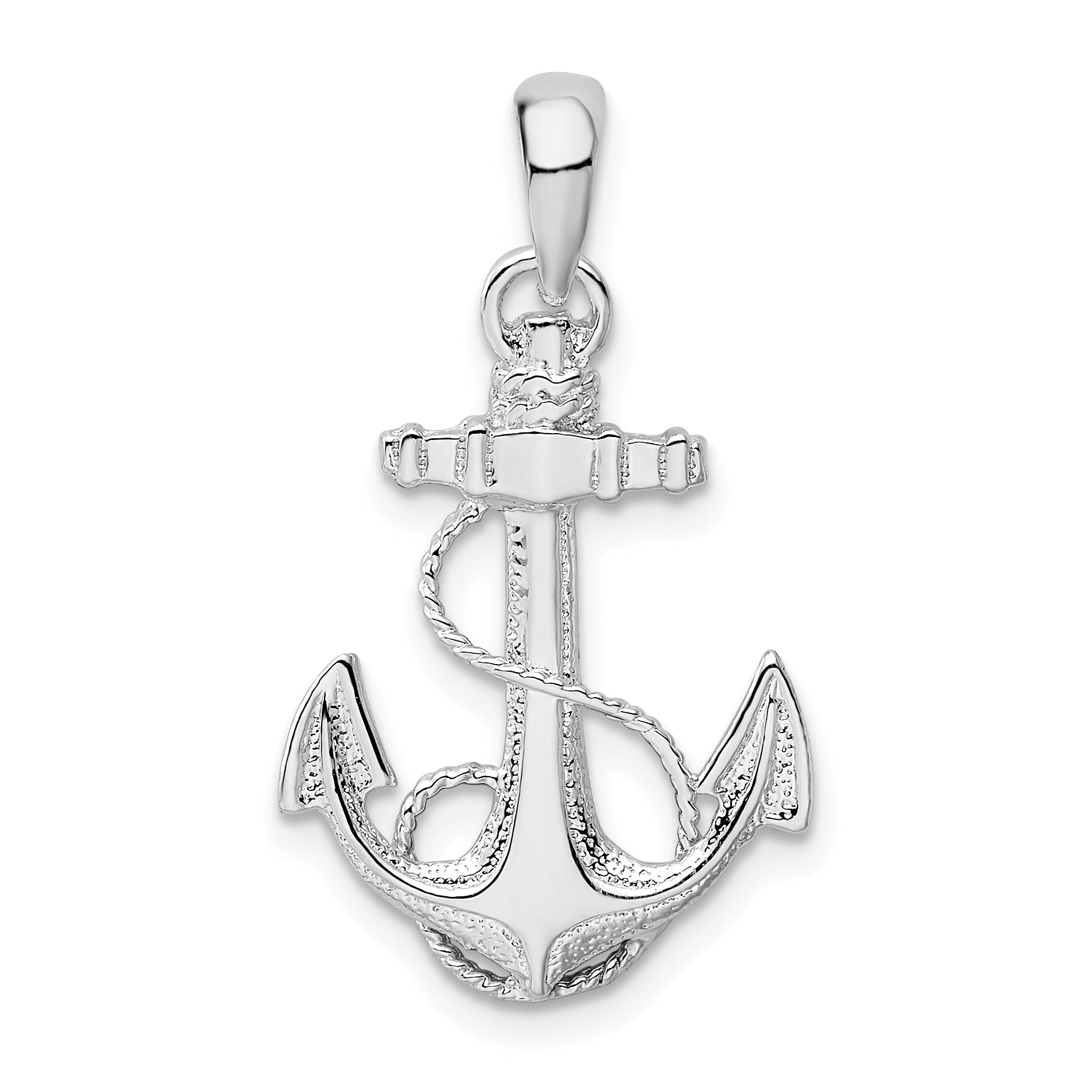 De-Ani Sterling Silver Rhodium-Plated Polished and Textured Anchor with Rope Pendant