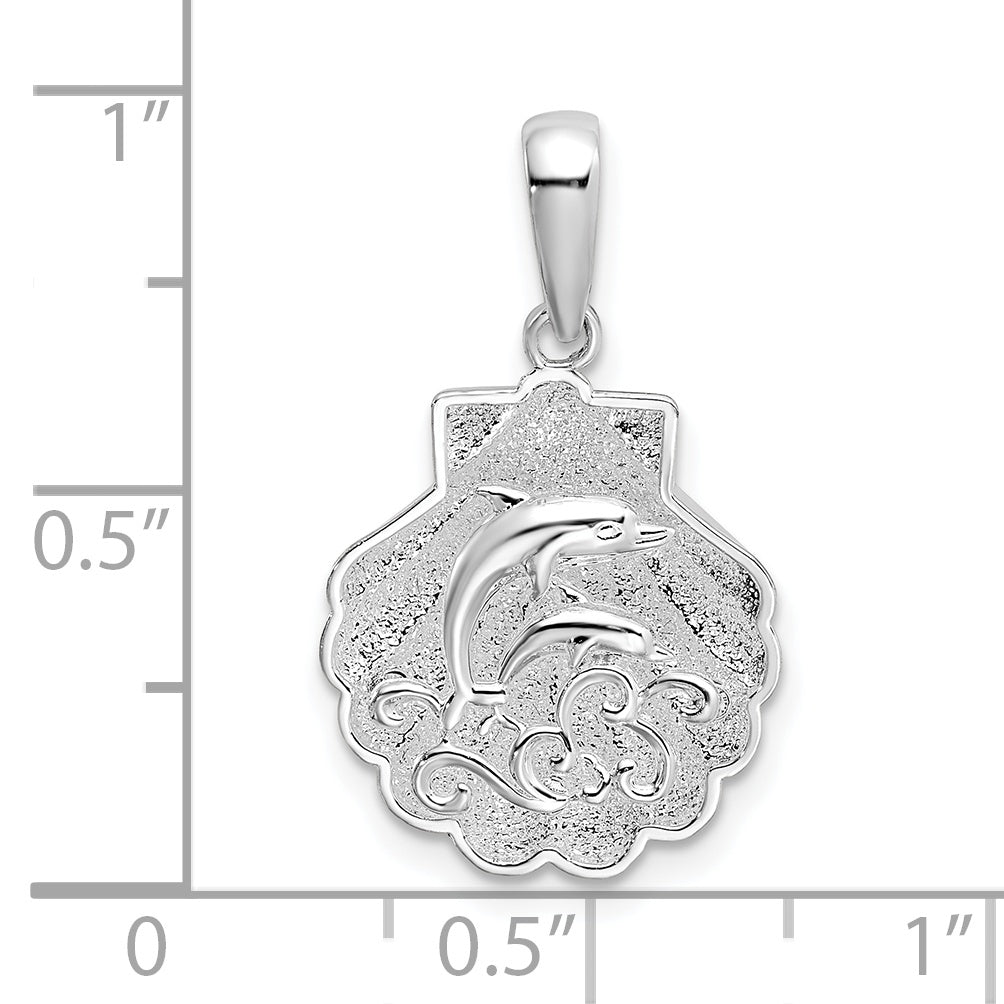 De-Ani Sterling Silver Rhodium-Plated Polished and Textured Shell / Dolphins Pendant