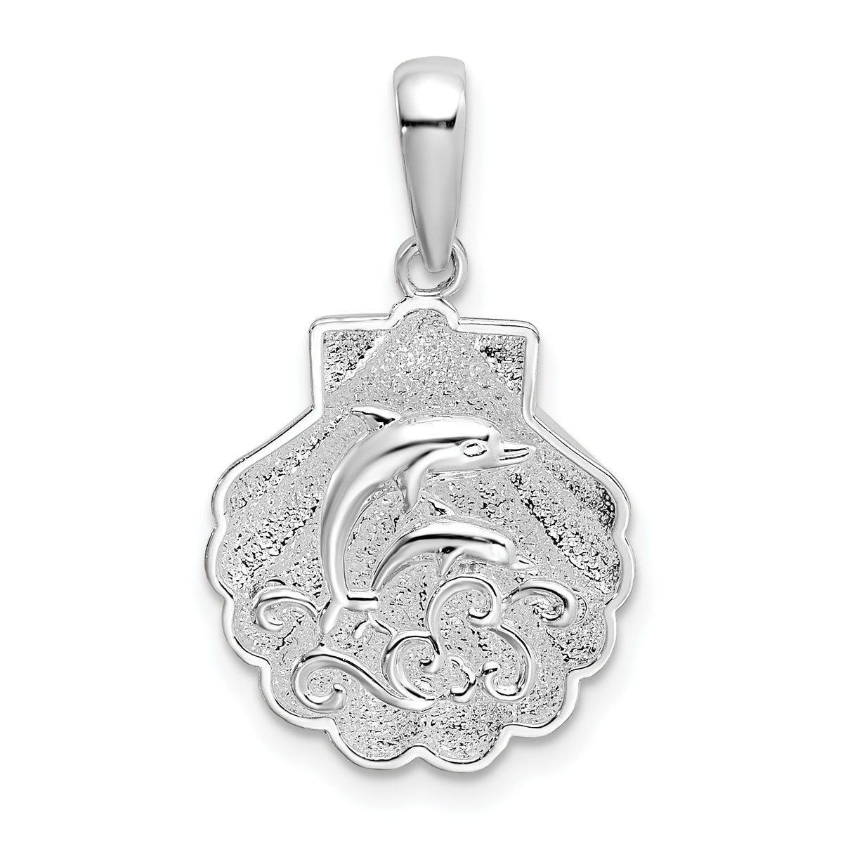 De-Ani Sterling Silver Rhodium-Plated Polished and Textured Shell / Dolphins Pendant