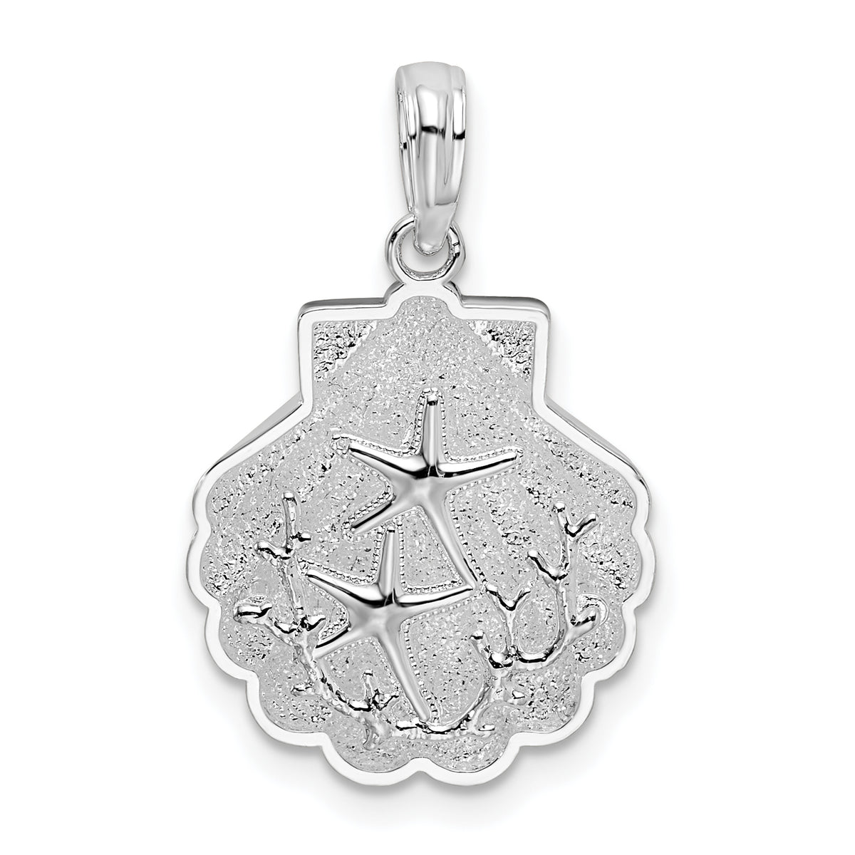 De-Ani Sterling Silver Rhodium-Plated Polished and Textured Shell with Starfish Pendant