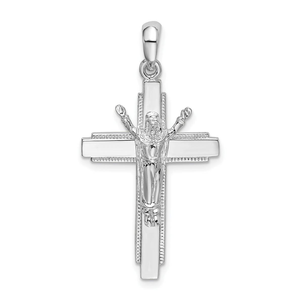 De-Ani Sterling Silver Rhodium-Plated Polished Beaded Edge Crucifix Pendant