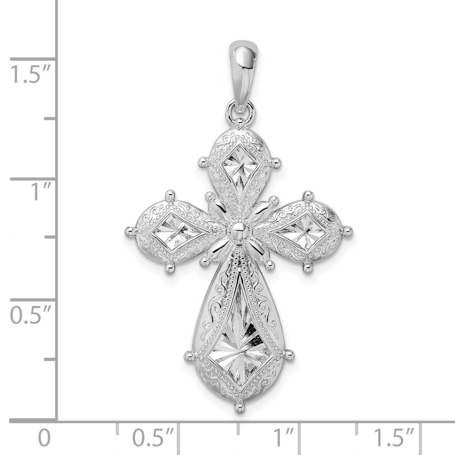 De-Ani Sterling Silver Rhodium-Plated Scroll Diamond-Cut Rounded Cross Pendant