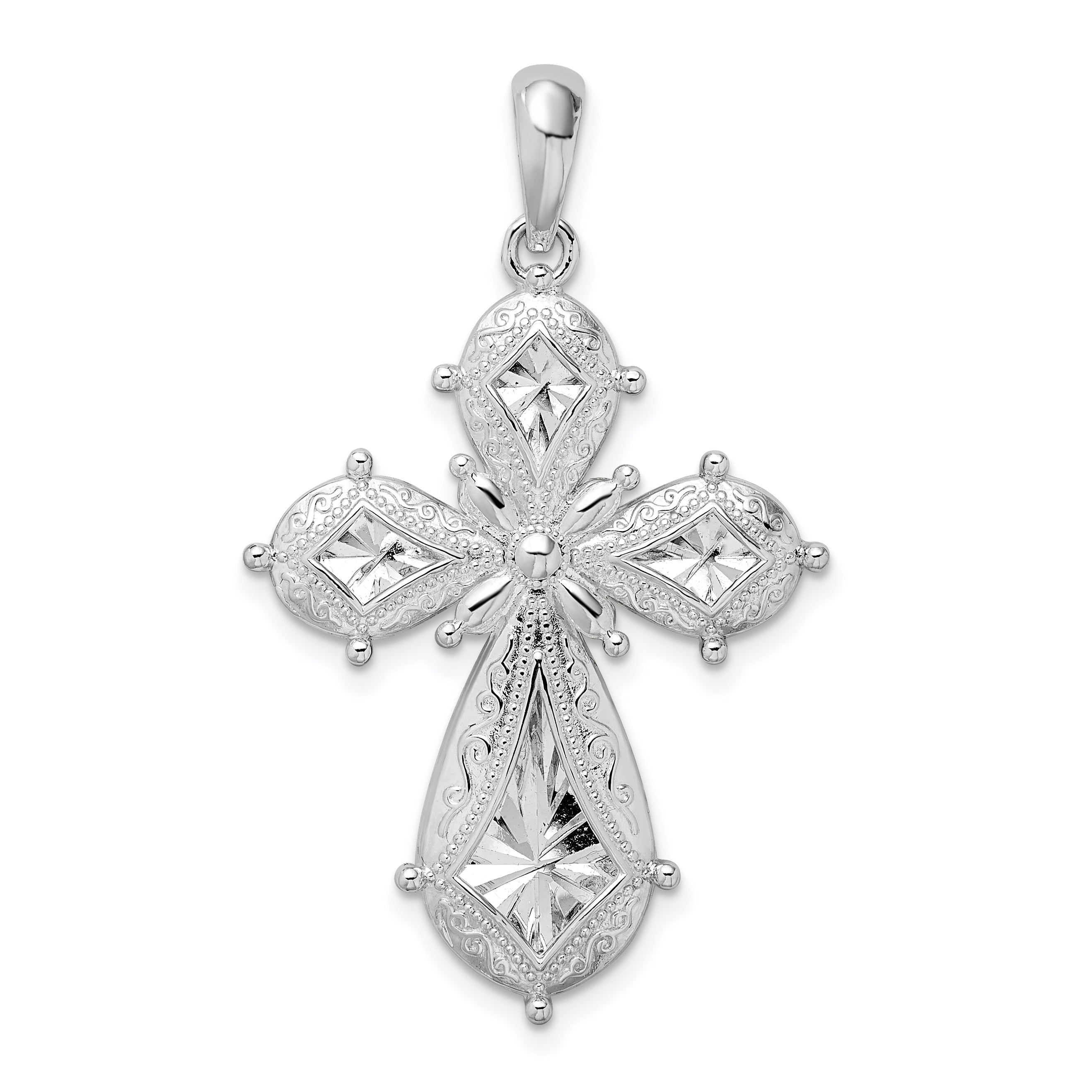 De-Ani Sterling Silver Rhodium-Plated Scroll Diamond-Cut Rounded Cross Pendant