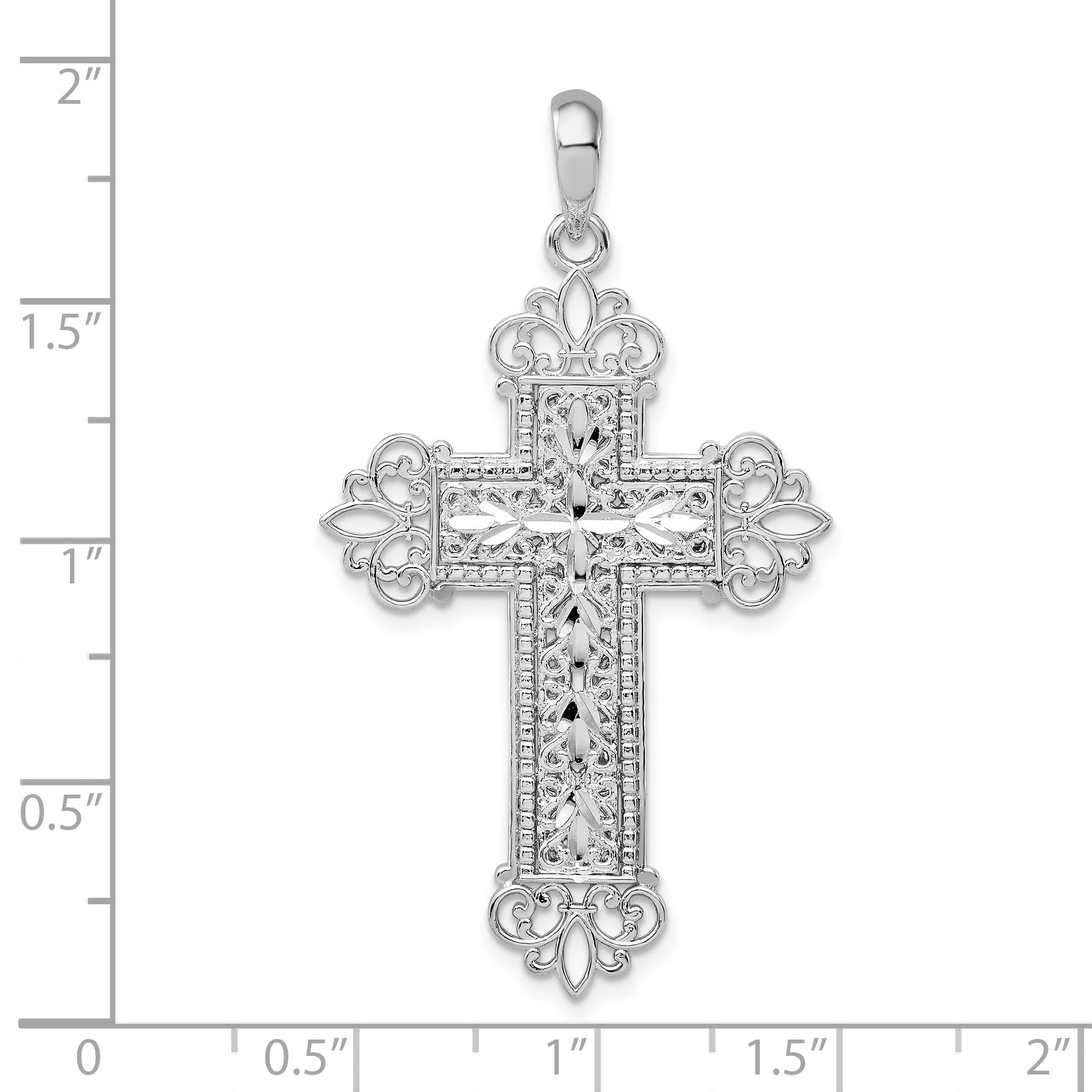 De-Ani Sterling Silver Rhodium-Plated Diamond-Cut Filigree Fleur de Lis Cross Pendant