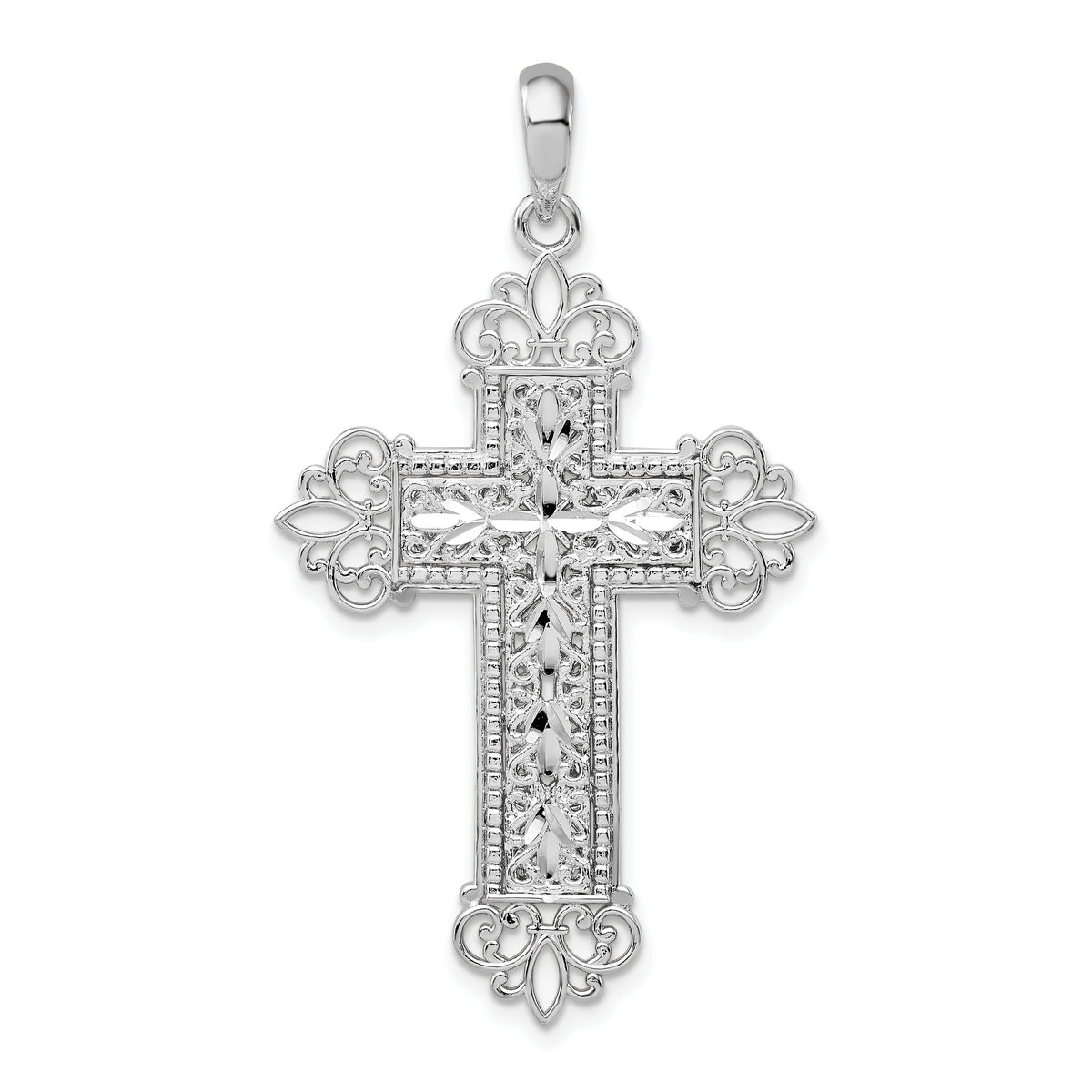 De-Ani Sterling Silver Rhodium-Plated Diamond-Cut Filigree Fleur de Lis Cross Pendant