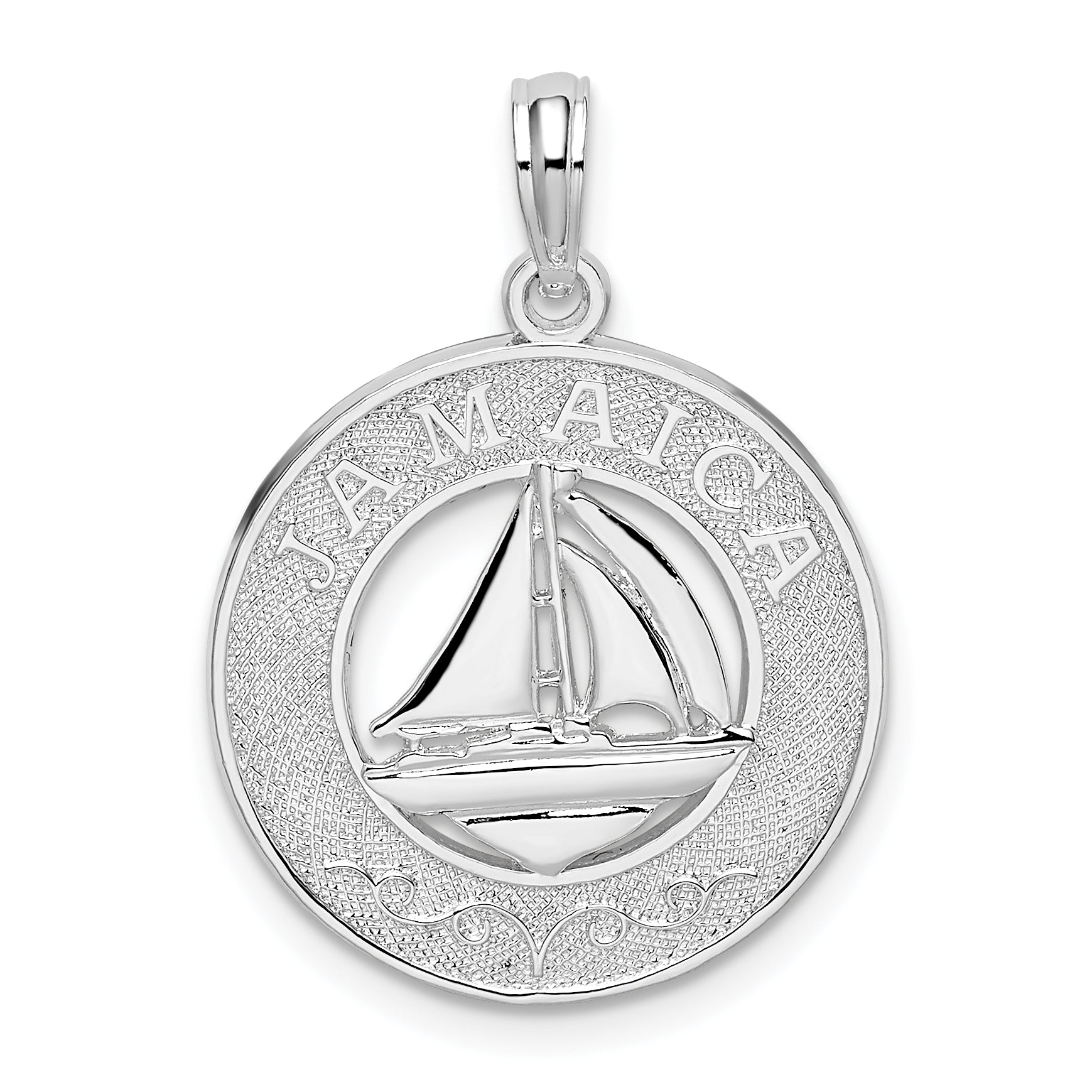 De-Ani Sterling Silver Rhodium-Plated Jamaica Round Circle with Sailboat Pendant