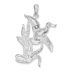 De-Ani Sterling Silver Rhodium-Plated Polished Duck Flying Over Cattails Pendant