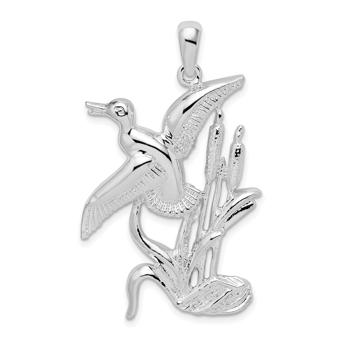 De-Ani Sterling Silver Rhodium-Plated Polished Duck Flying Over Cattails Pendant