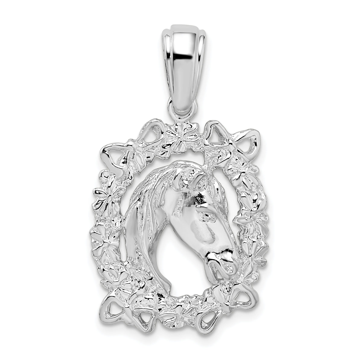 De-Ani Sterling Silver Rhodium-Plated Polished Horse Head in Wreath Pendant