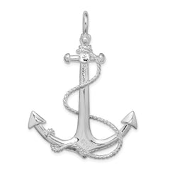 De-Ani Sterling Silver Rhodium-Plated Polished 3D Anchor with Rope Pendant