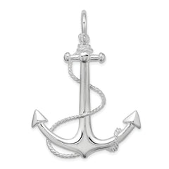 De-Ani Sterling Silver Rhodium-Plated Polished 3D Anchor with Rope Pendant