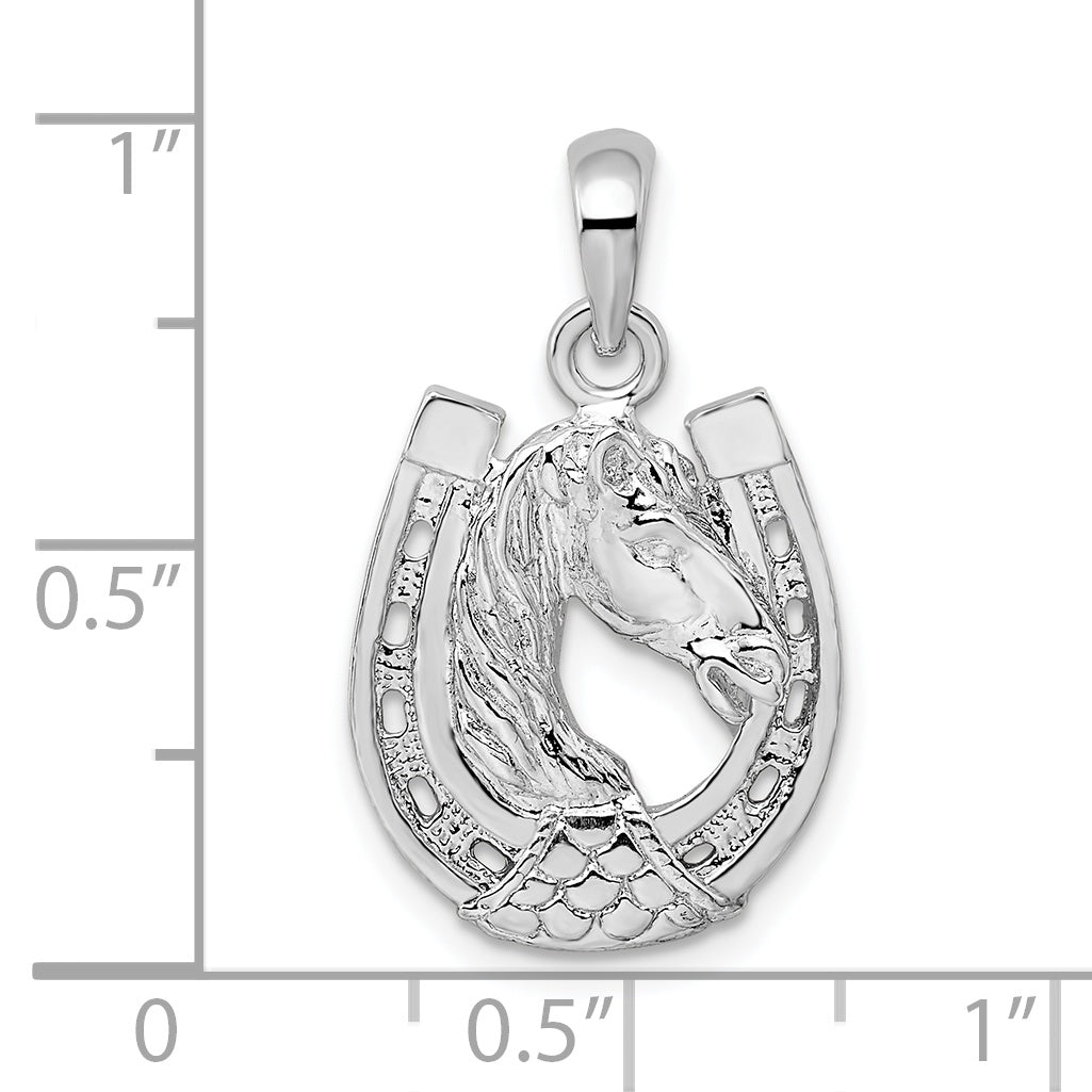 De-Ani Sterling Silver Rhodium-Plated Polished Horse Head in Horseshoe Pendant