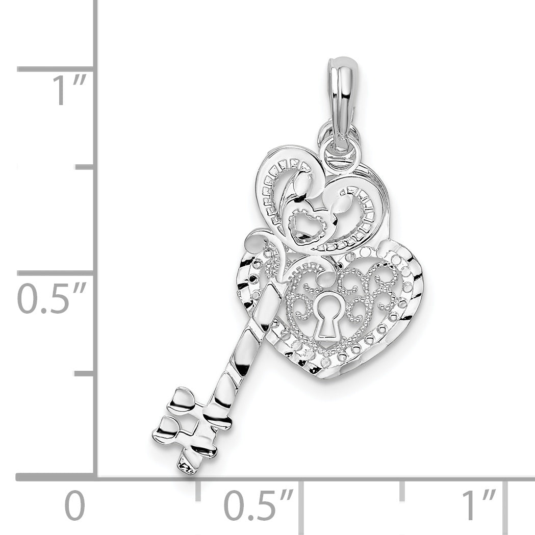 De-Ani Sterling Silver Rhodium-Plated Polished Moveable Key with Heart Lock Pendant