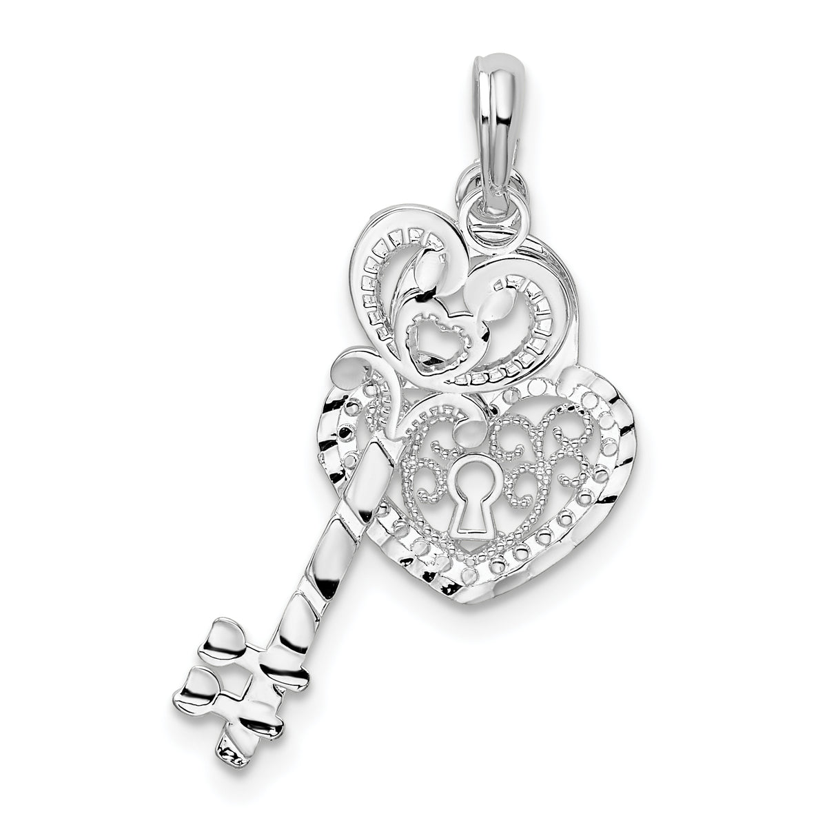 De-Ani Sterling Silver Rhodium-Plated Polished Moveable Key with Heart Lock Pendant