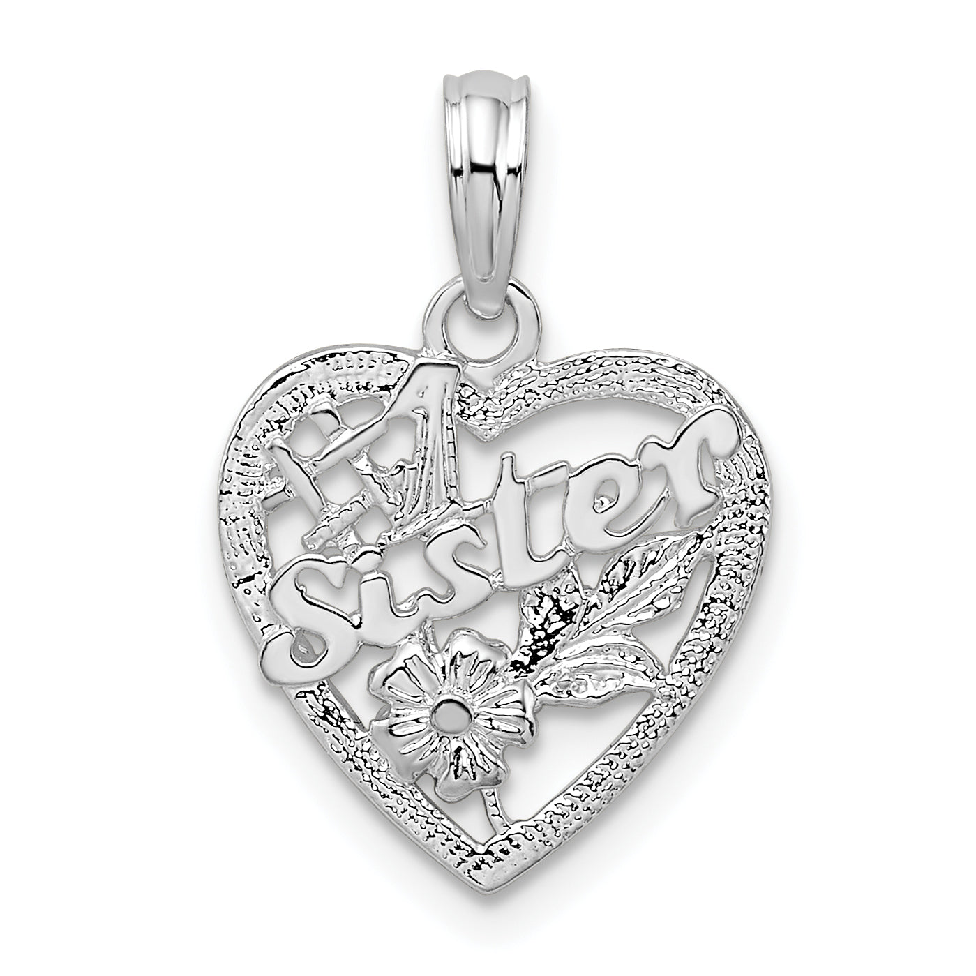 De-Ani Sterling Silver Rhodium-Plated Polished #1 Sister with Flower Heart Pendant