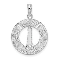 De-Ani Sterling Silver Rhodium-Plated Pentwater Michigan Circle with Lighthouse Pendant