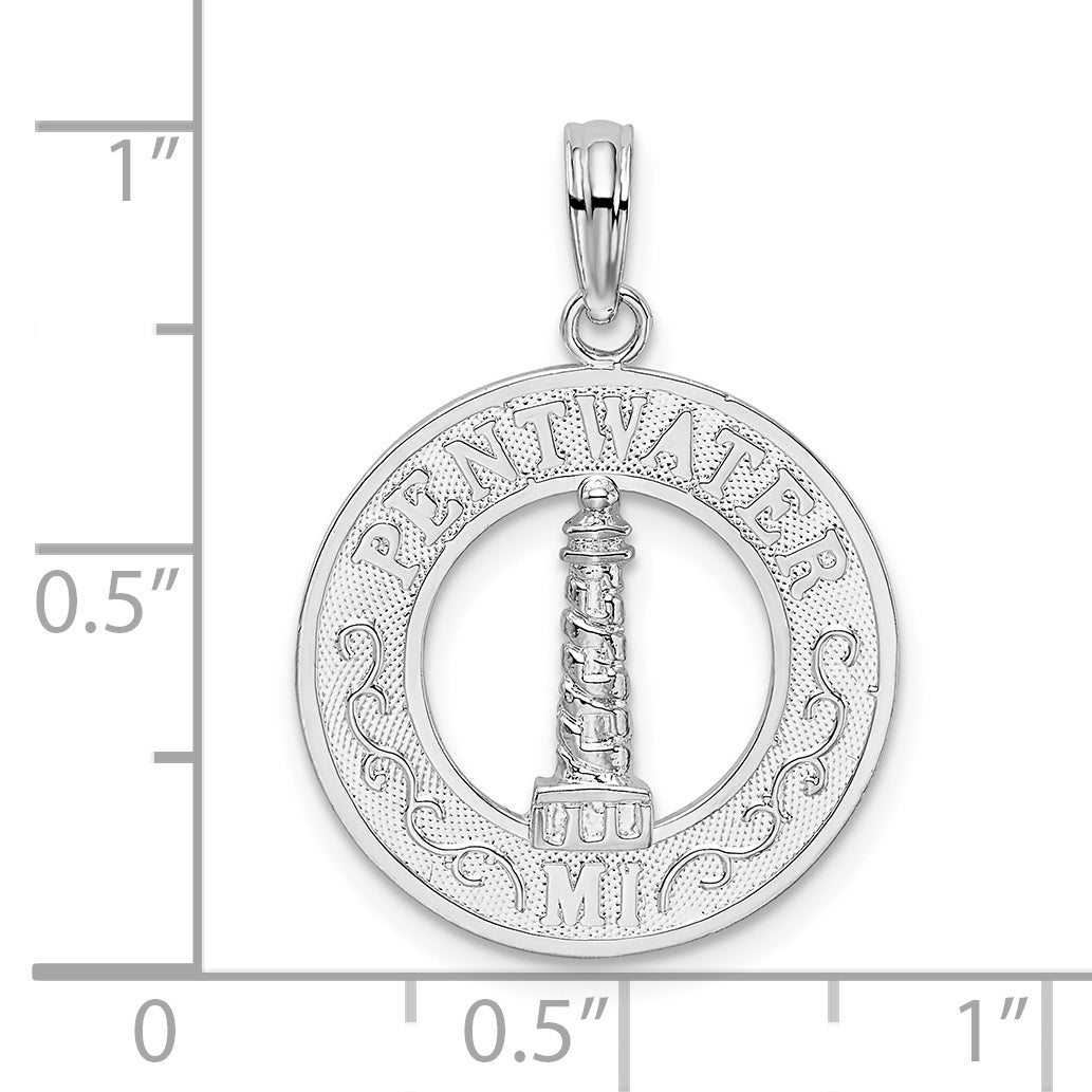 De-Ani Sterling Silver Rhodium-Plated Pentwater Michigan Circle with Lighthouse Pendant