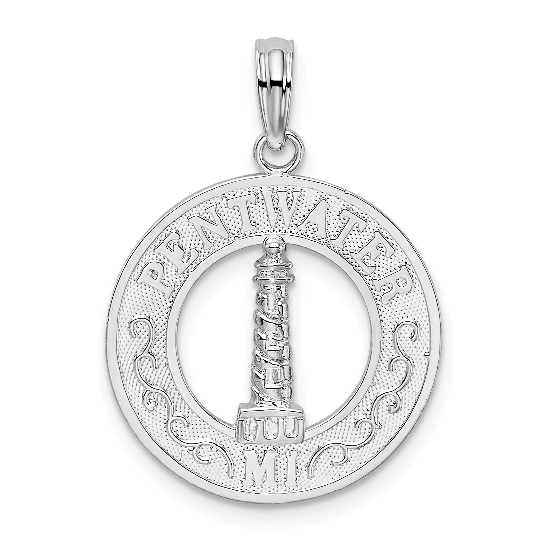 De-Ani Sterling Silver Rhodium-Plated Pentwater Michigan Circle with Lighthouse Pendant