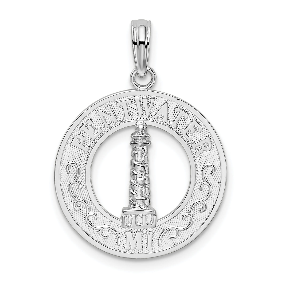 De-Ani Sterling Silver Rhodium-Plated Pentwater Michigan Circle with Lighthouse Pendant